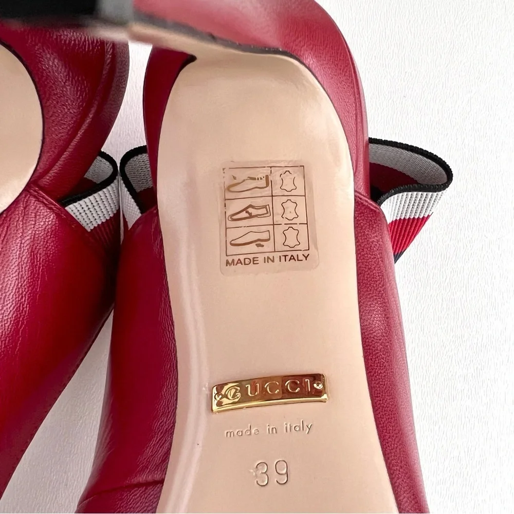 New‎ GUCCI | Sylvie Web Stripe Slingback Red Leather Pointed Pumps EU 39 US 9